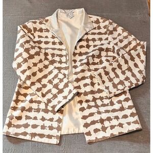 Grace Chuang New York Womens Blazer Jacket Beige Brown Abstract Print Open Front